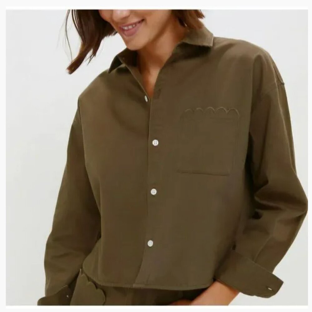 Women's Tuckernuck Army Green Chino Cropped Jasper Button Down Shirt, XS.
